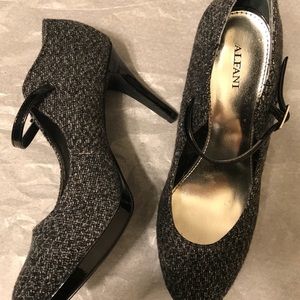 Tweed Black Gray White Shiny Heels